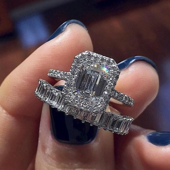 💎Engagement Radiant CZ Micro Pave Silver Plated Wedding Ring Set, UNVN12329 - Picture 4 of 10